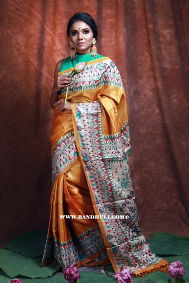 Golden Madhubani Painted Tussar Saree